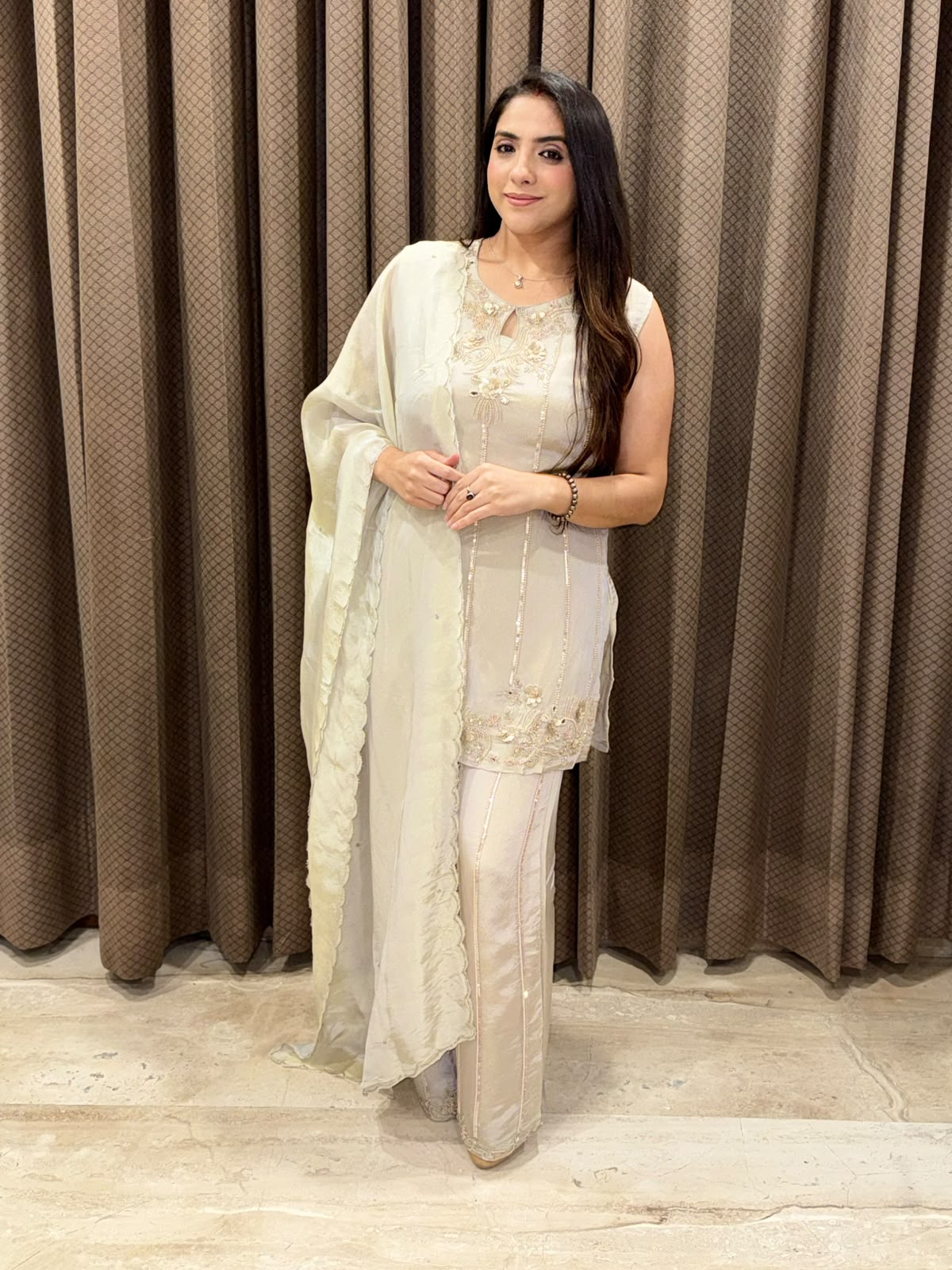 Grey Designer Plazoo suit set with heavy handwork & dupatta