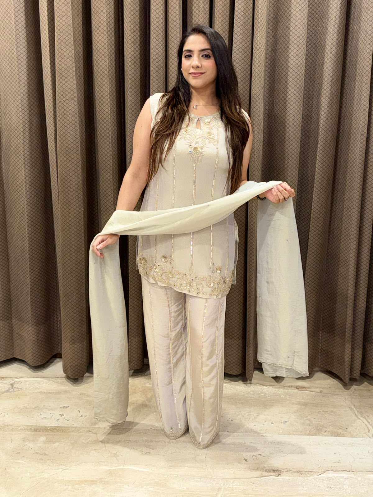 Grey Designer Plazoo suit set with heavy handwork & dupatta