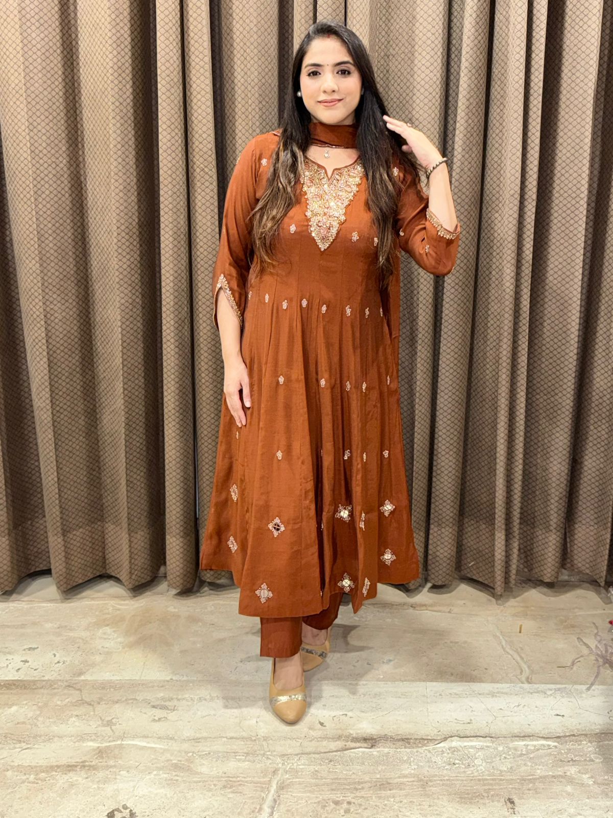 Brown Designer Anarkali suit with fully handwork
