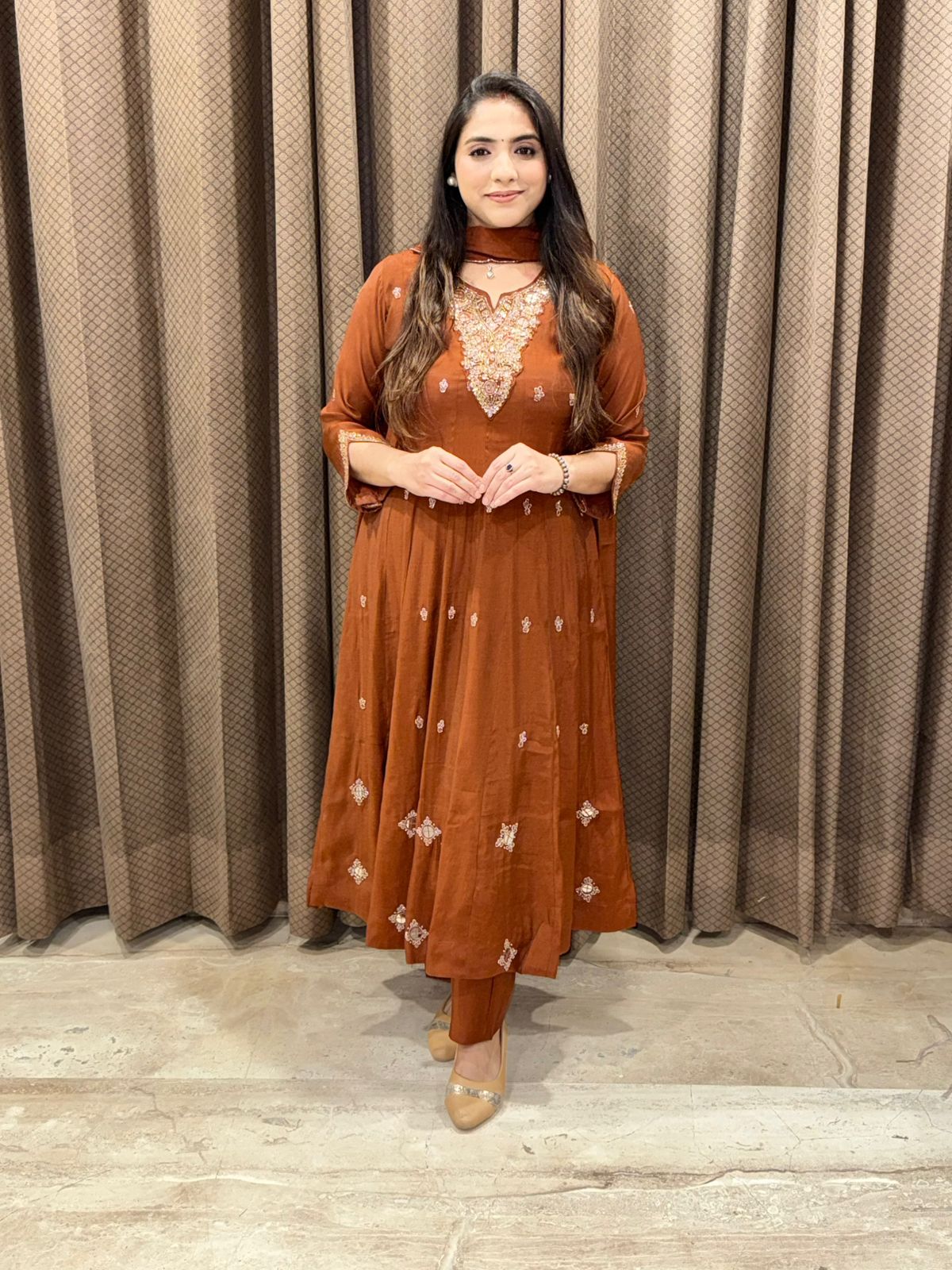 Brown Designer Anarkali suit with fully handwork