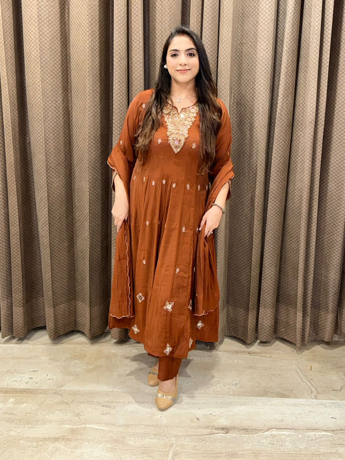 Brown Designer Anarkali suit with fully handwork