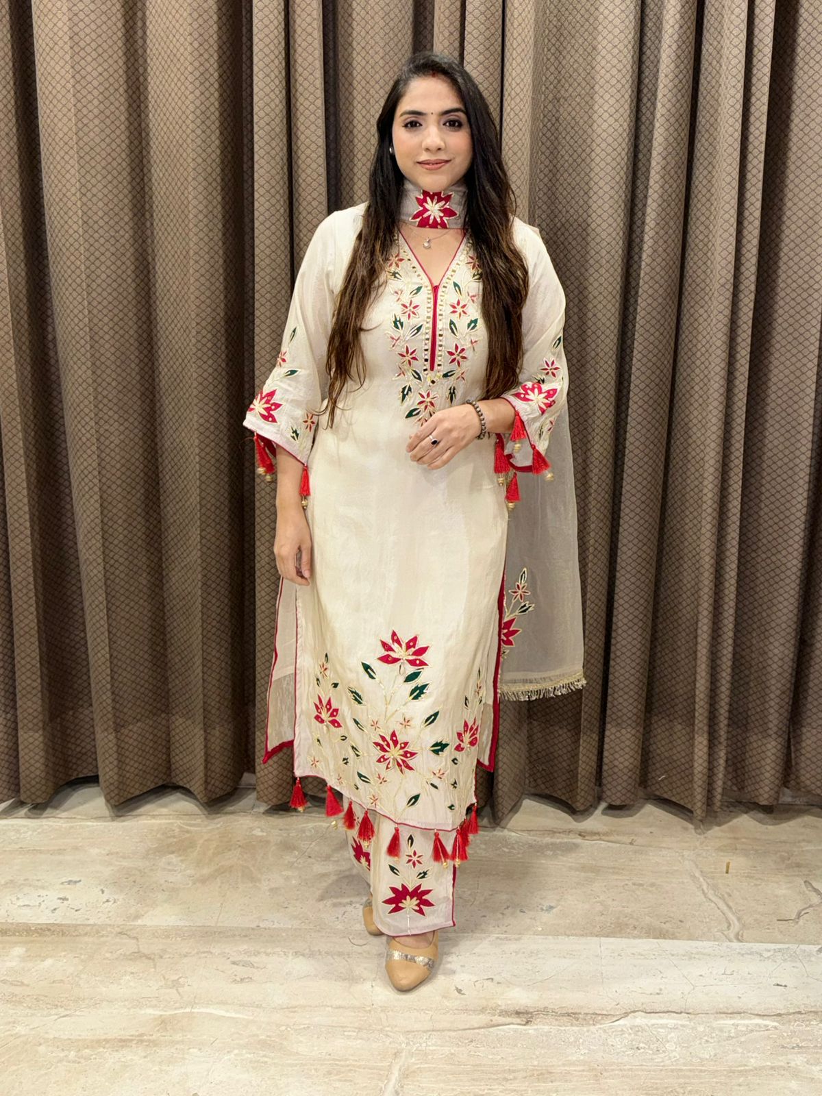 Ivory Designer Straight suit with handwork & tassels
