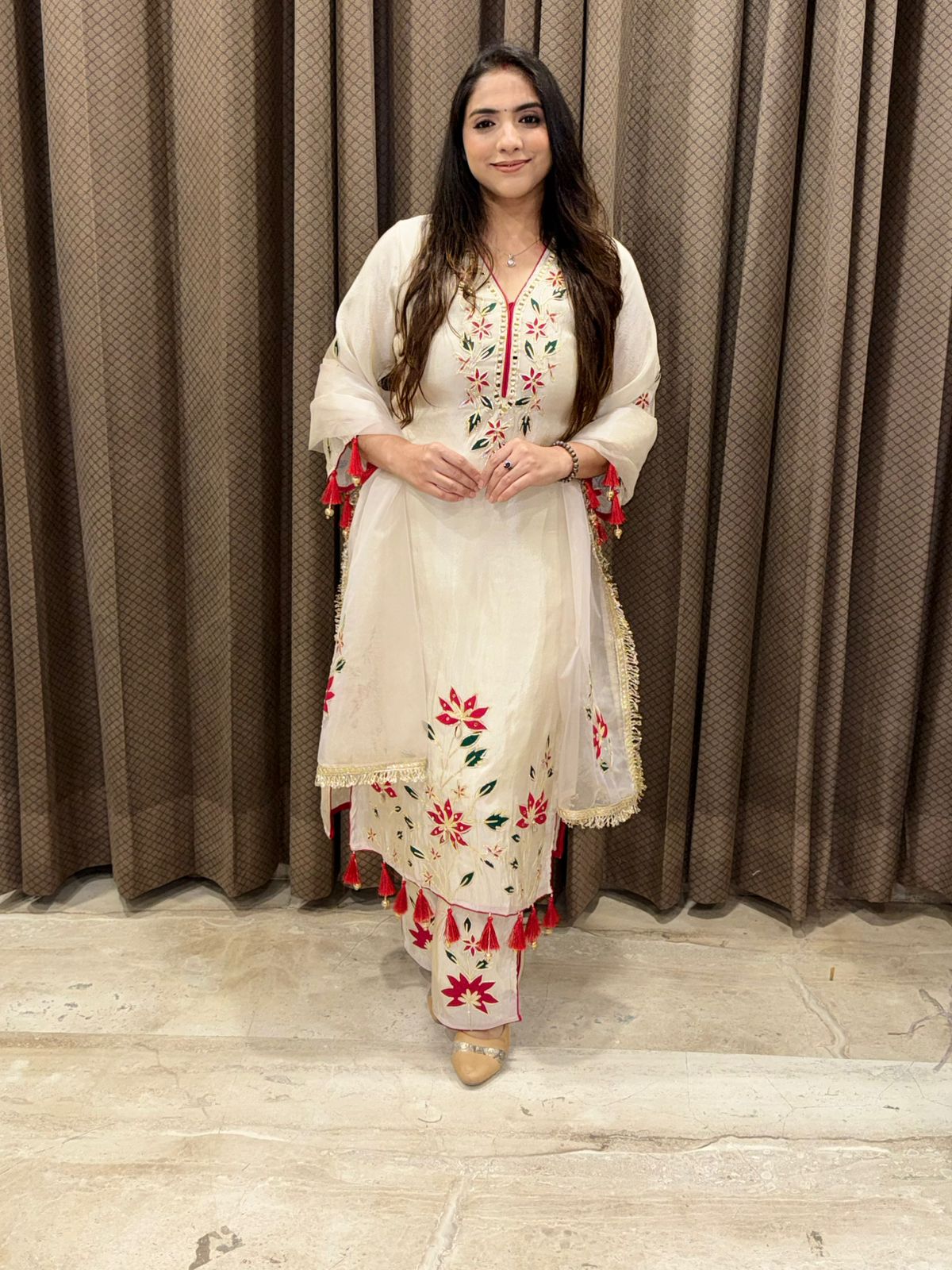 Ivory Designer Straight suit with handwork & tassels