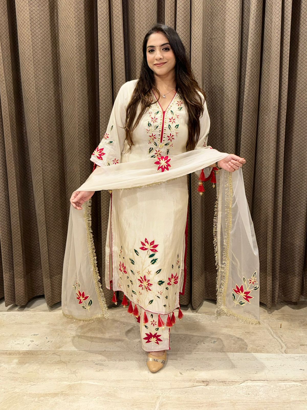 Ivory Designer Straight suit with handwork & tassels