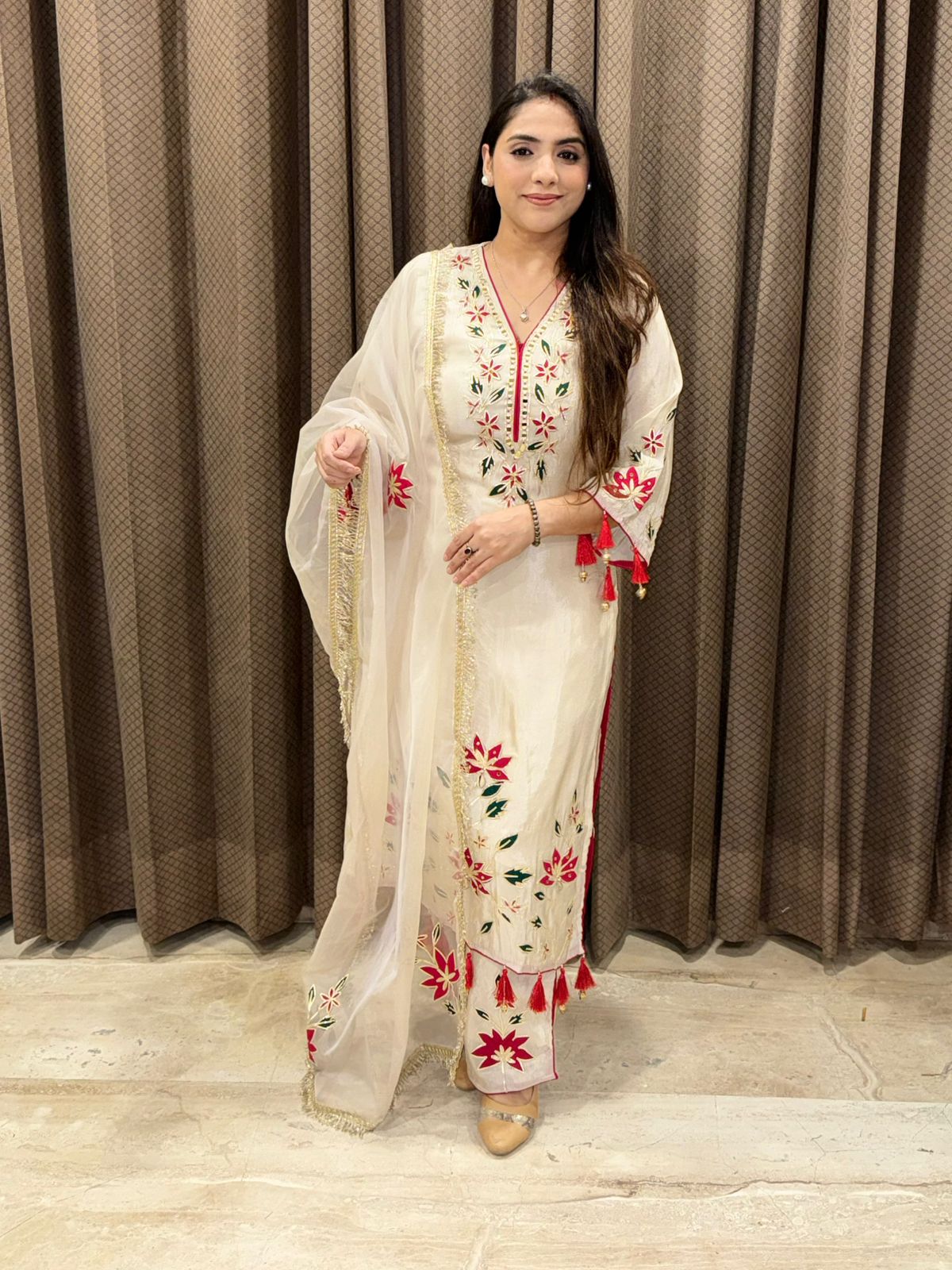 Ivory Designer Straight suit with handwork & tassels