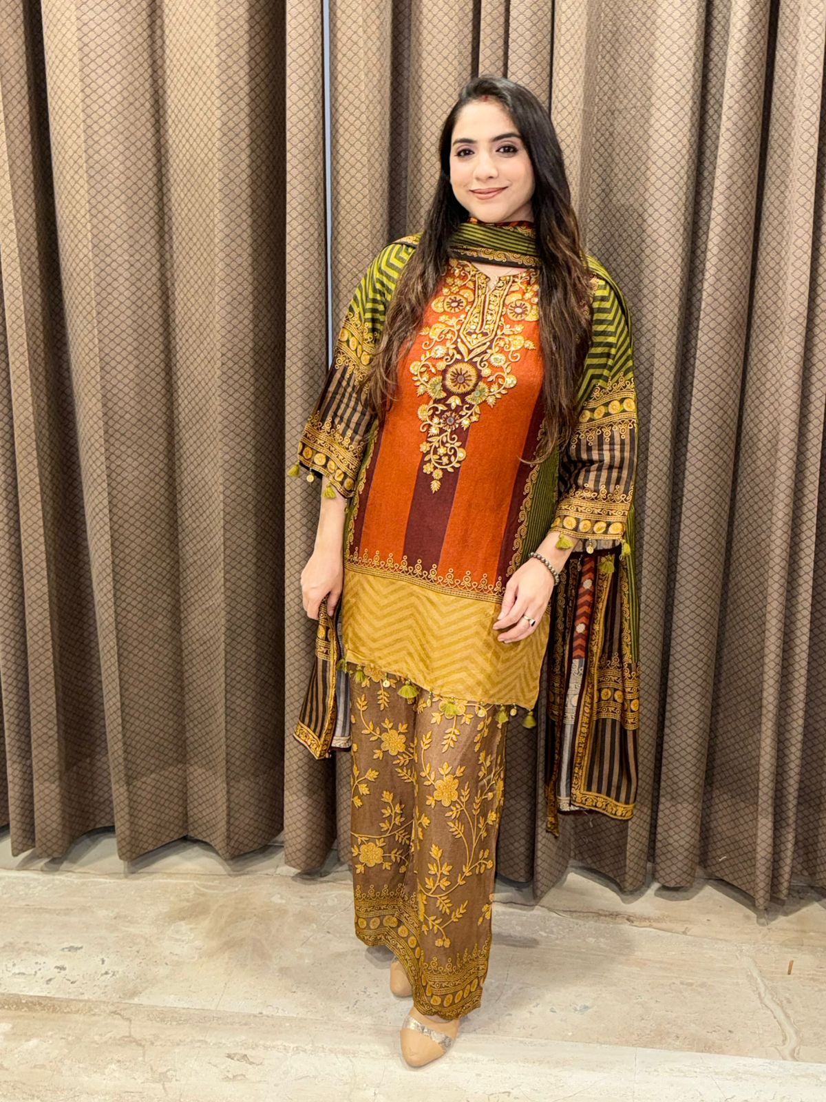 Rust Digital Handwork Kurta set with dupatta