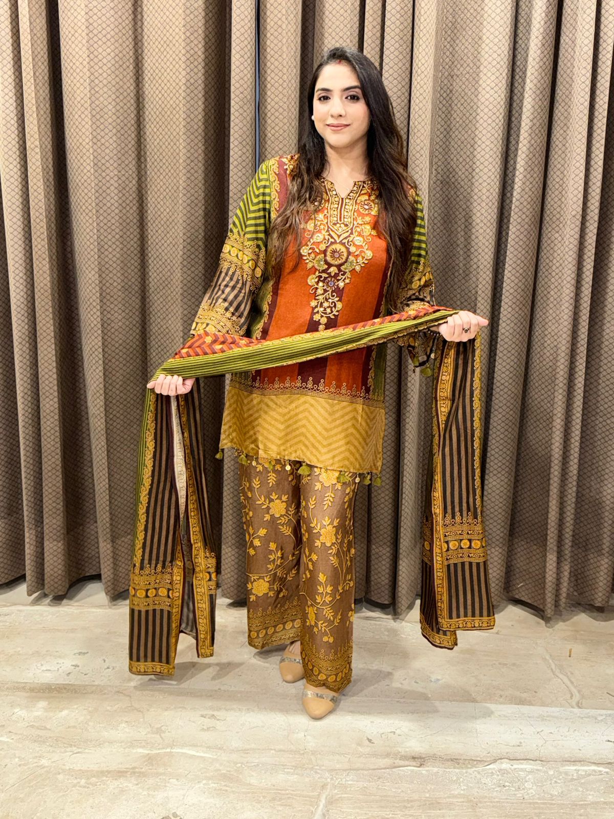 Rust Digital Handwork Kurta set with dupatta