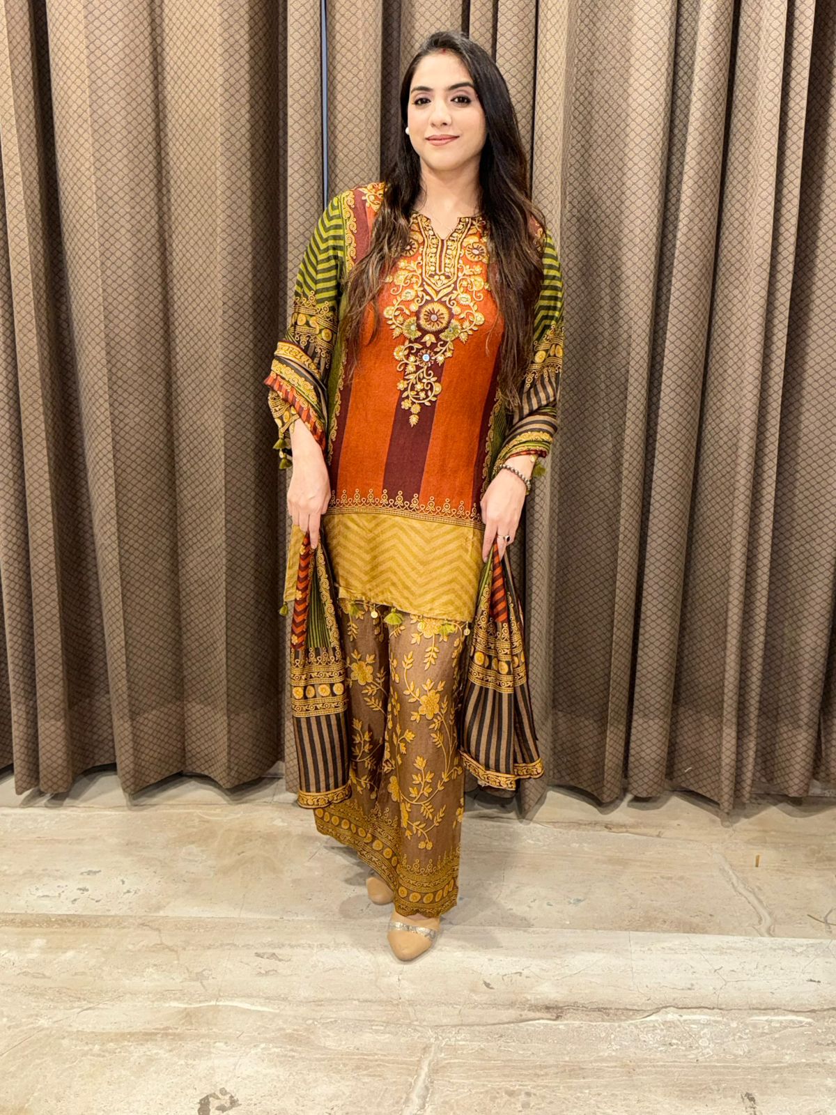 Rust Digital Handwork Kurta set with dupatta