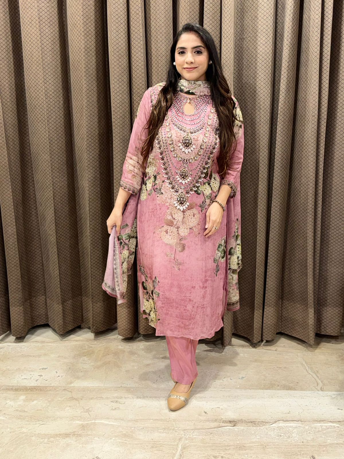 Pink Digital Handwork Straight Suit set with dupatta
