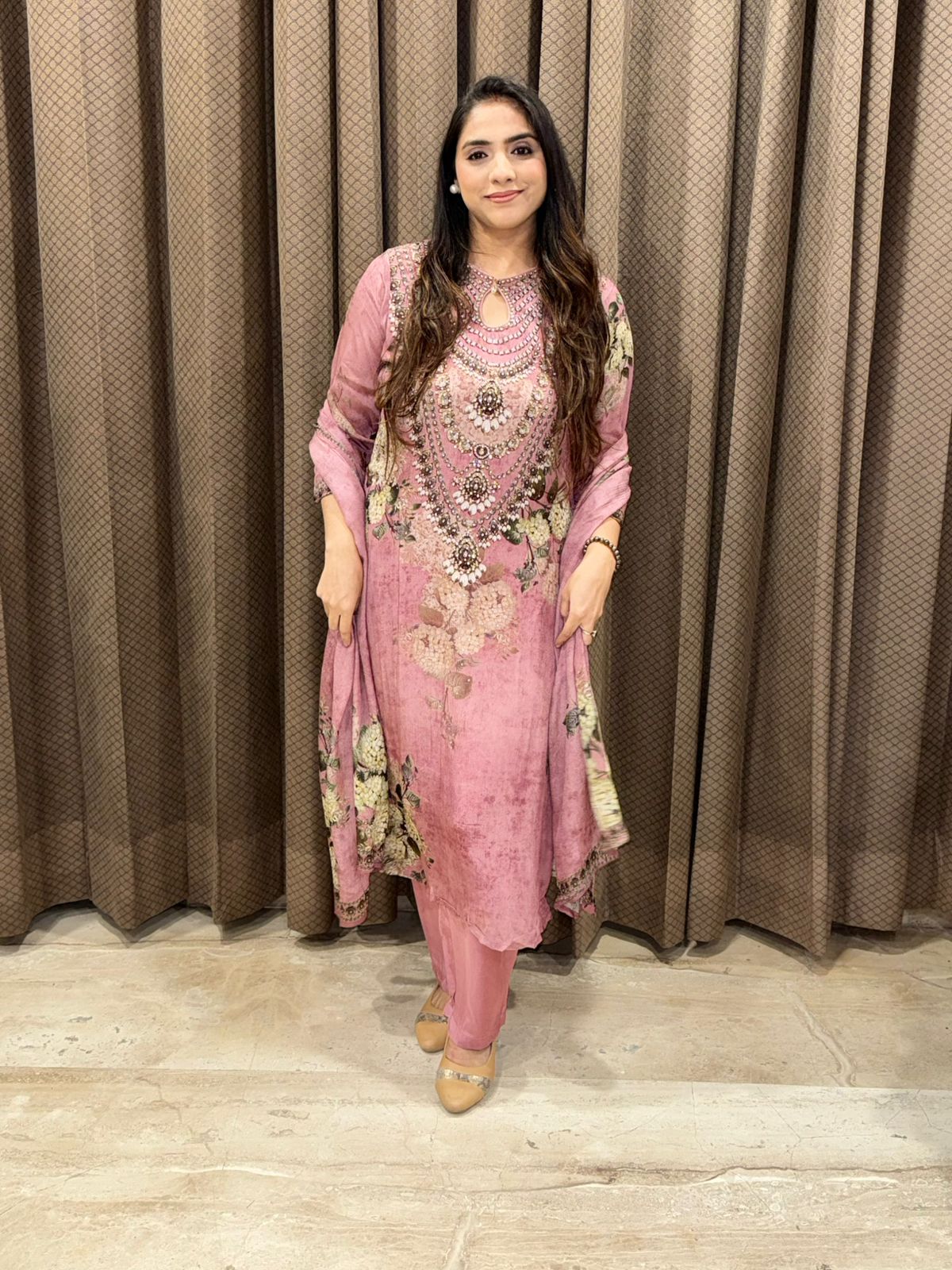 Pink Digital Handwork Straight Suit set with dupatta