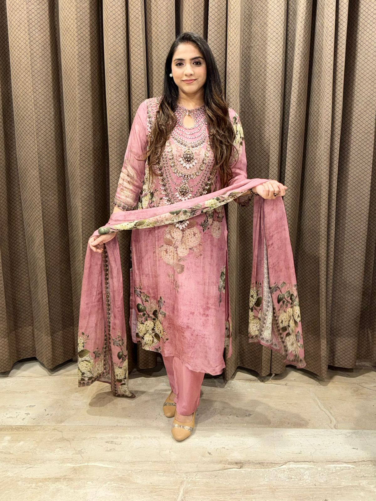 Pink Digital Handwork Straight Suit set with dupatta