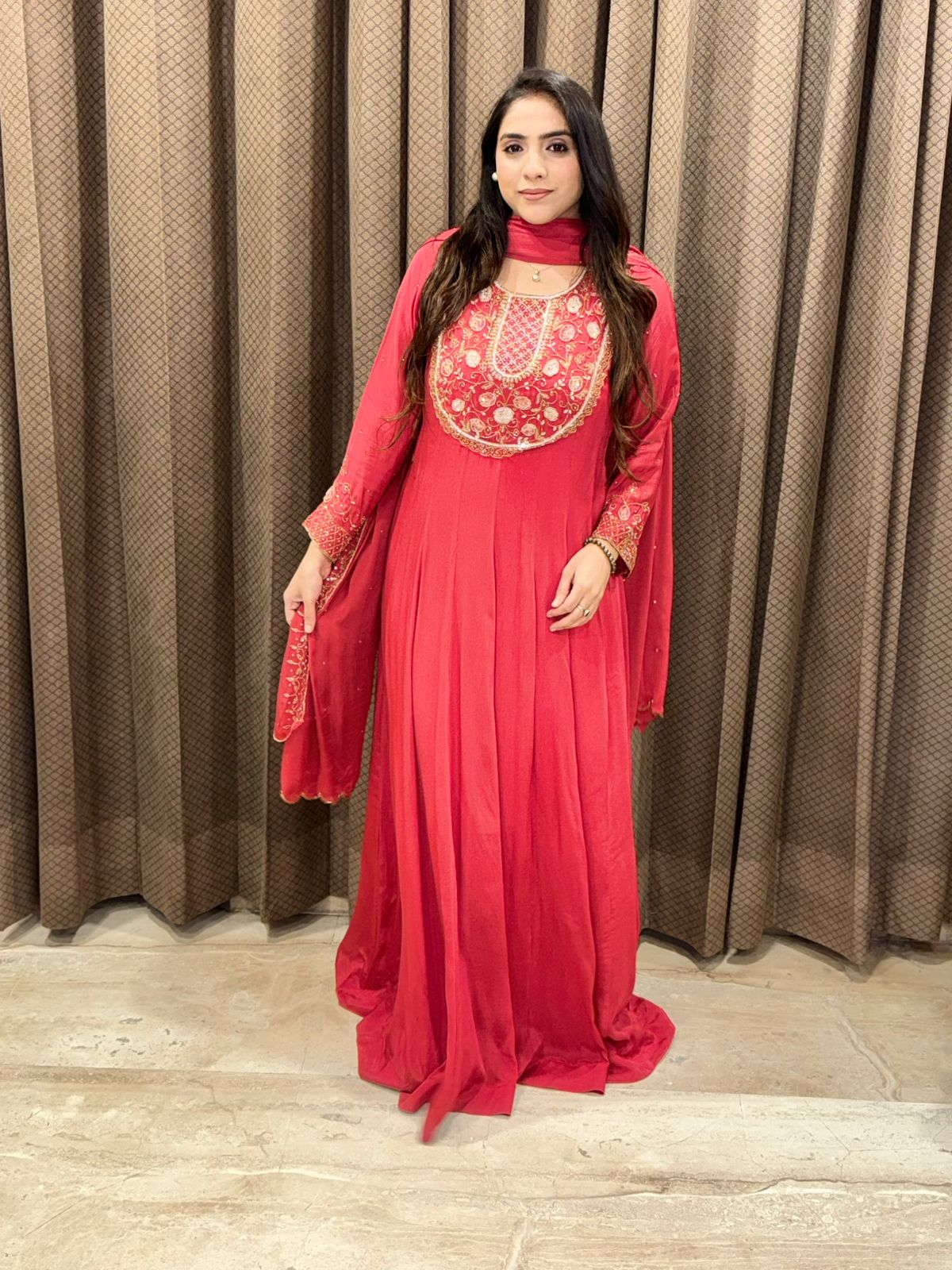Rust Designer Anarkali with Handwork & dupatta