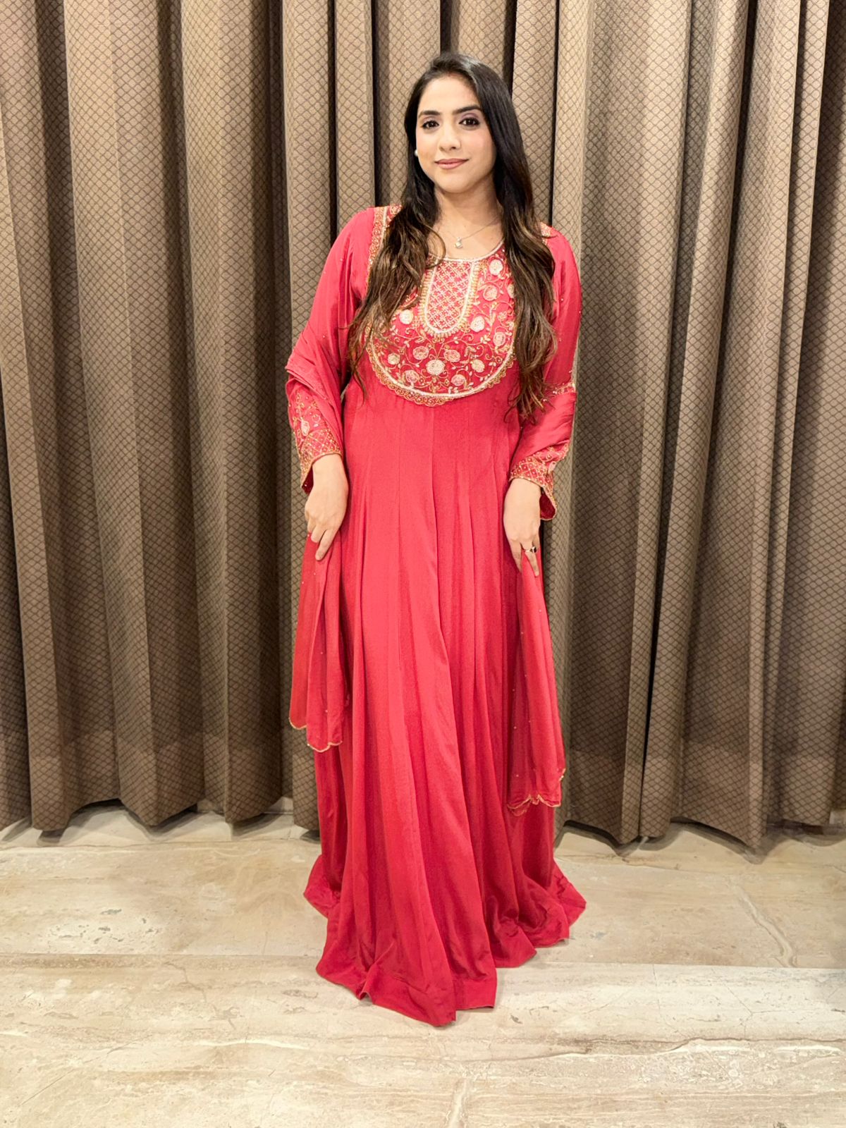 Rust Designer Anarkali with Handwork & dupatta