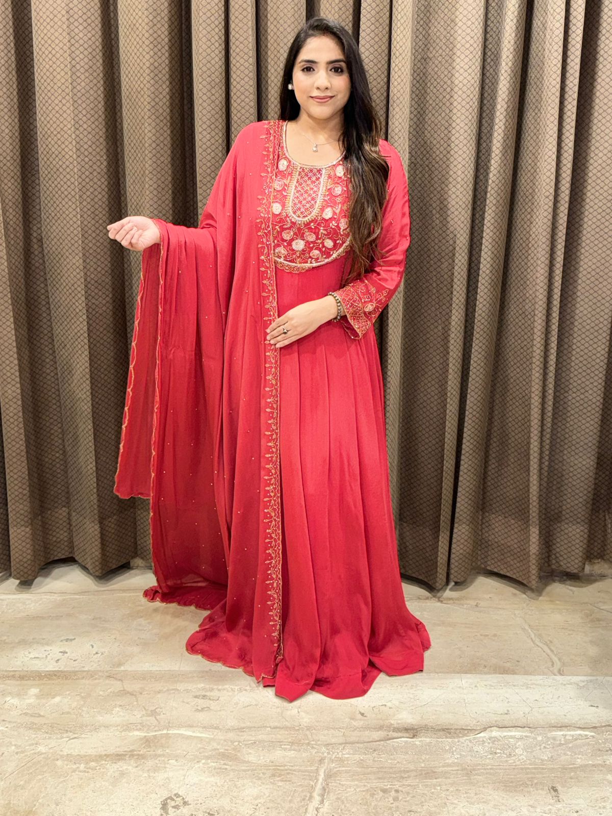 Rust Designer Anarkali with Handwork & dupatta