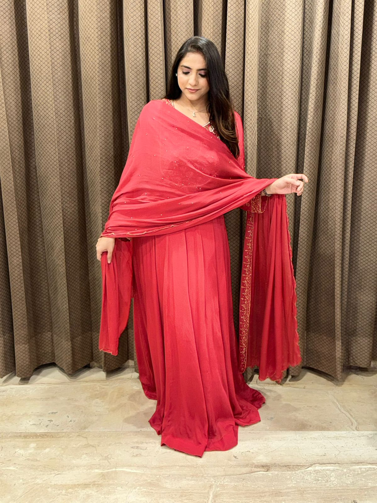 Rust Designer Anarkali with Handwork & dupatta