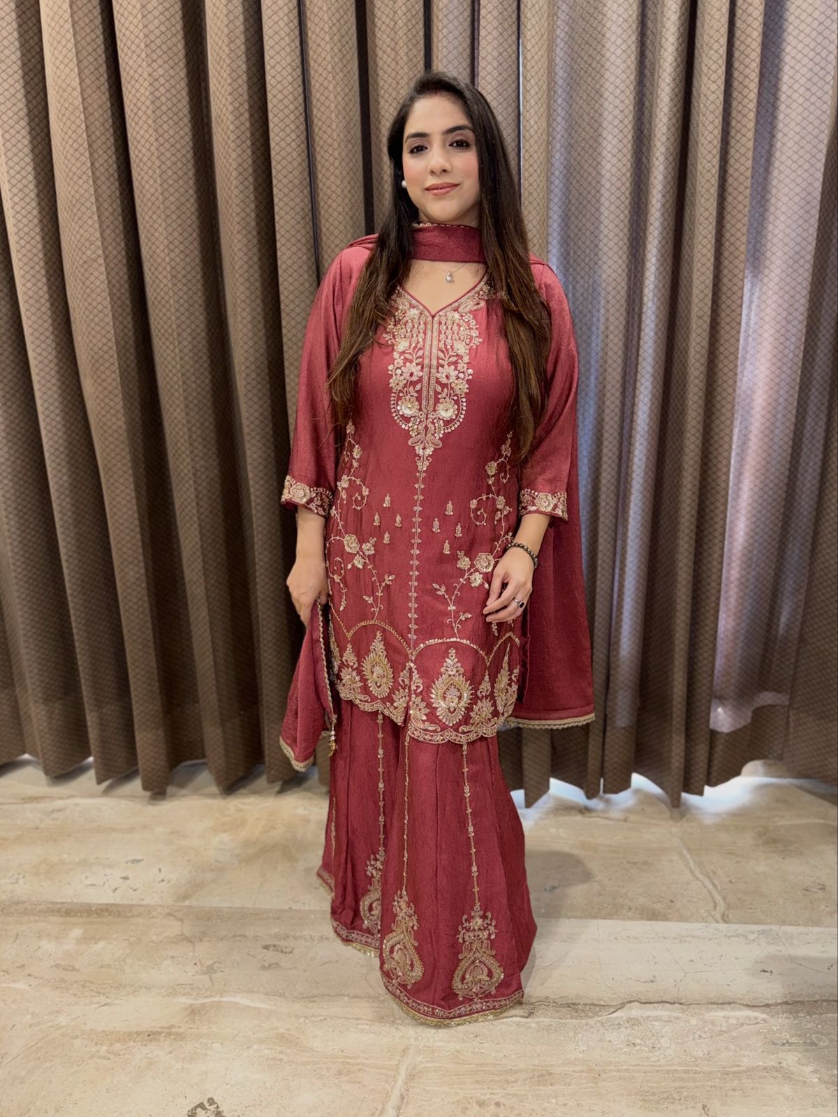 Rust designer Garara set with Handwork & dupatta