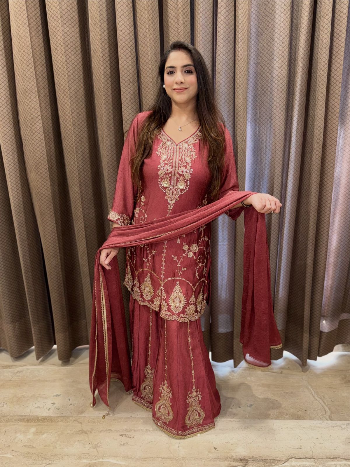 Rust designer Garara set with Handwork & dupatta