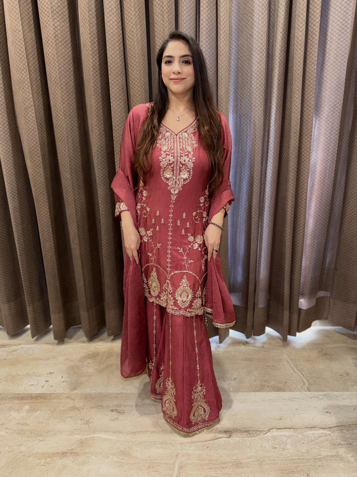 Rust designer Garara set with Handwork & dupatta