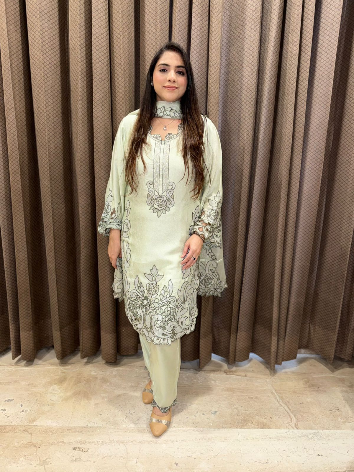 Green Designer laser cutwork suit with handwork & dupatta