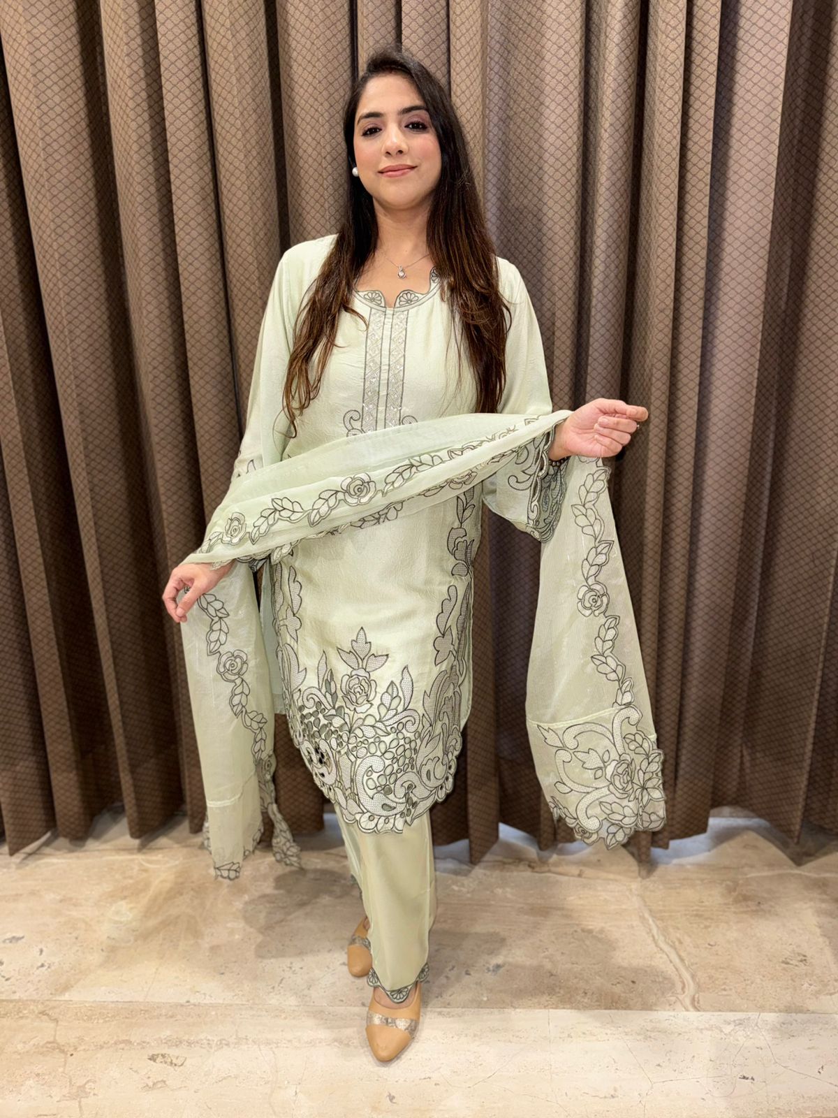 Green Designer laser cutwork suit with handwork & dupatta