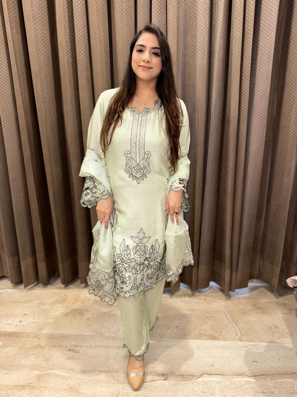 Green Designer laser cutwork suit with handwork & dupatta