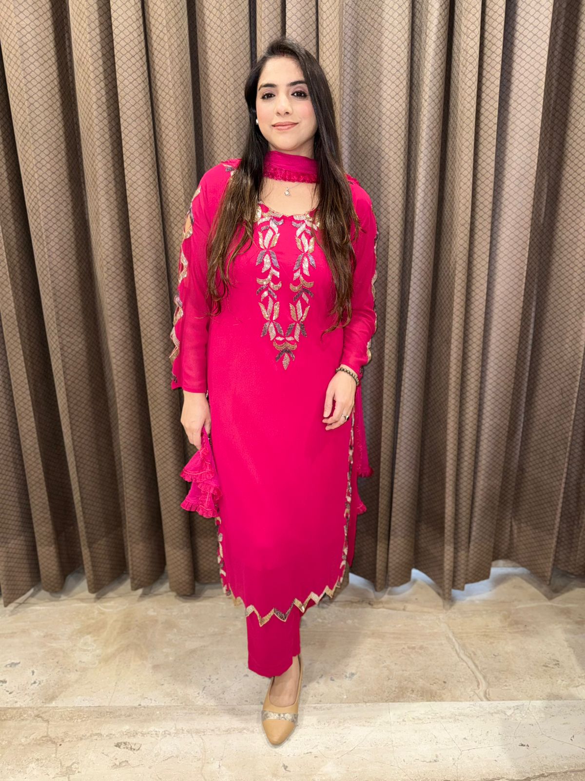 Magenta Designer cutdana Straight suit with dupatta