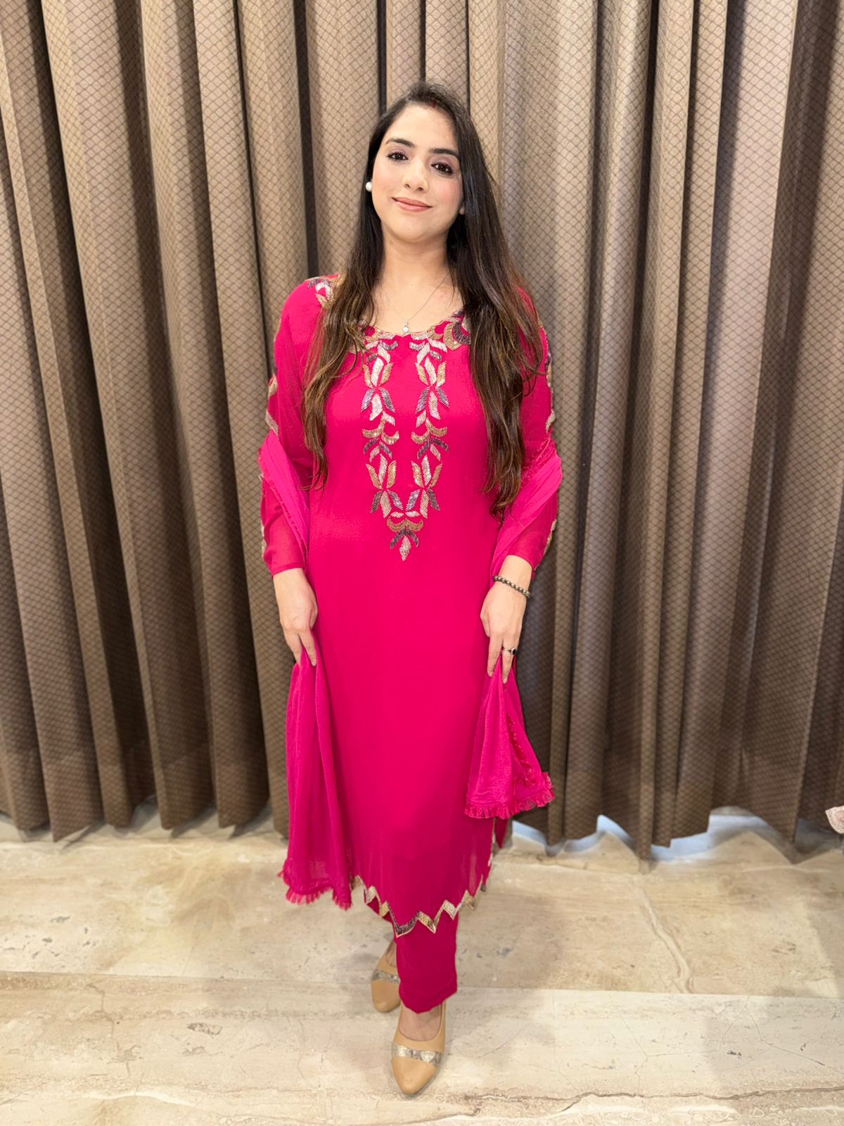 Magenta Designer cutdana Straight suit with dupatta