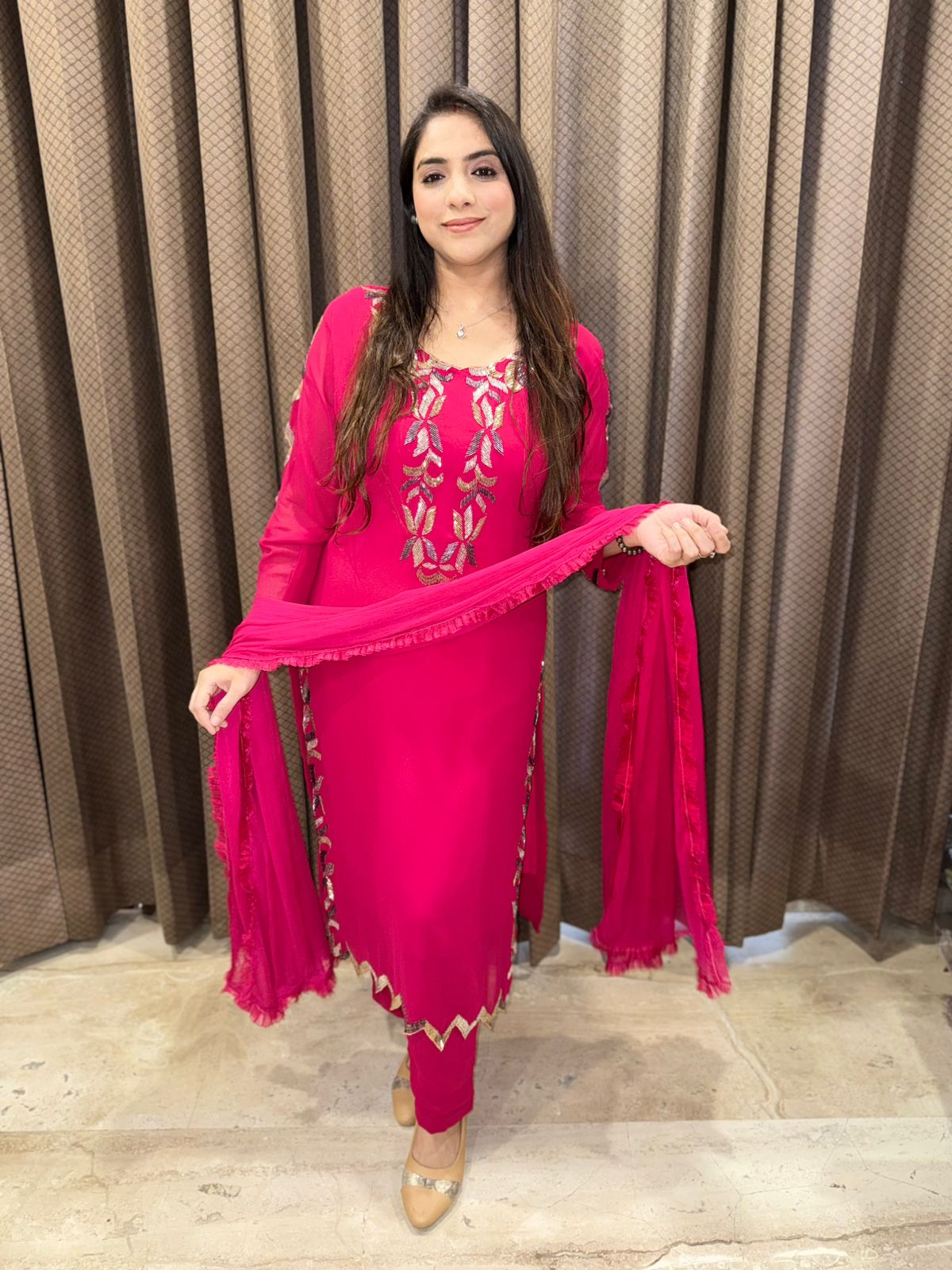 Magenta Designer cutdana Straight suit with dupatta