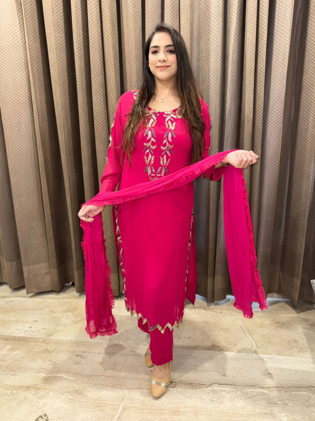 Magenta Designer cutdana Straight suit with dupatta