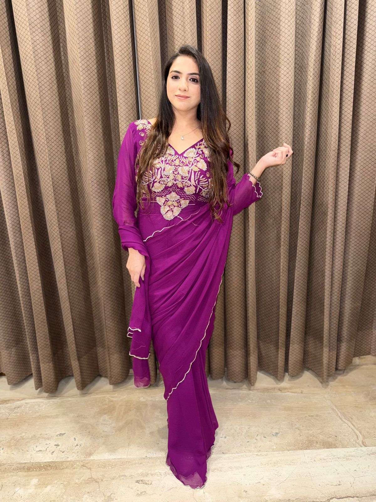Plum Draped Saree with cutdana handwork blouse