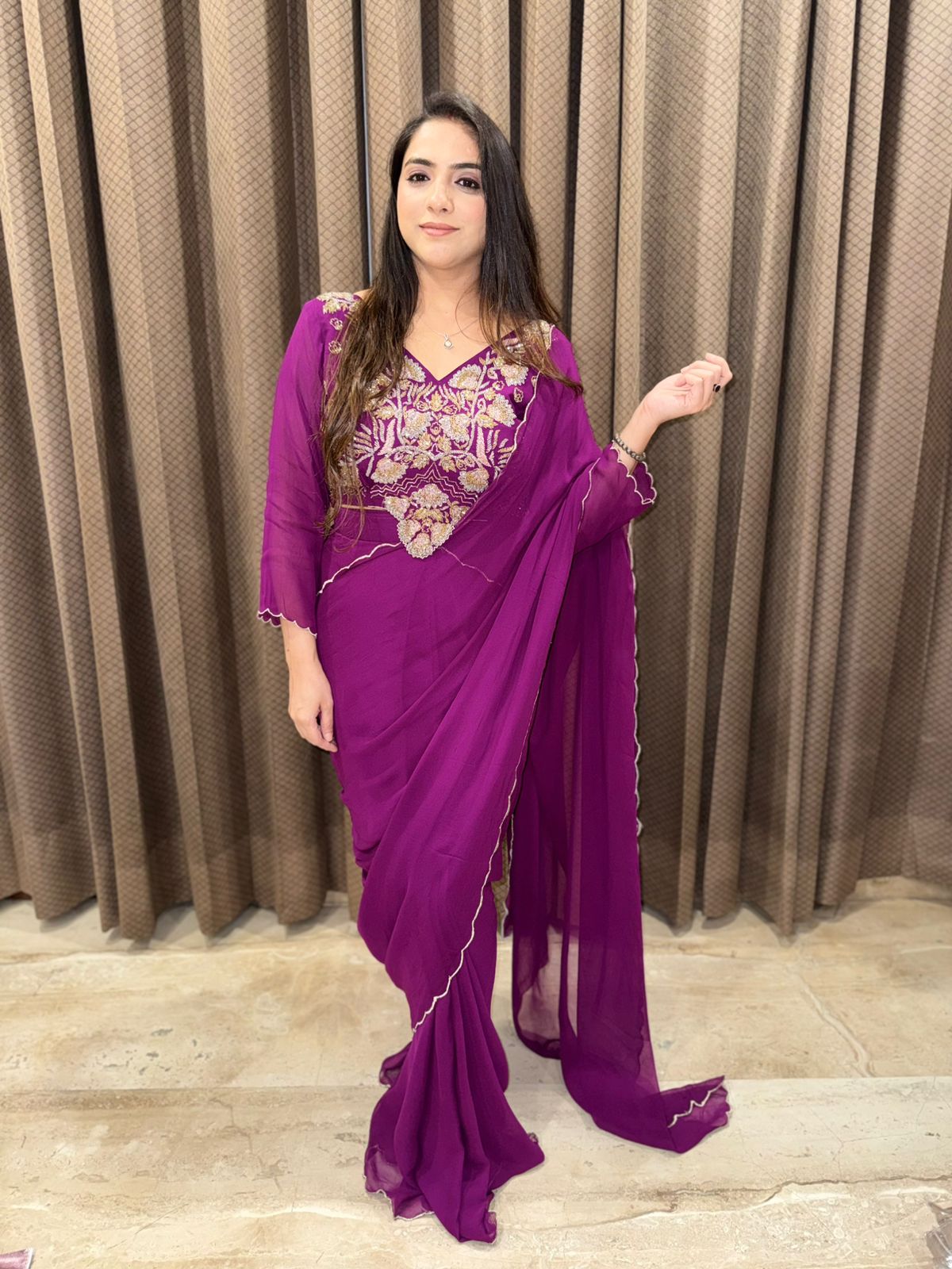 Plum Draped Saree with cutdana handwork blouse