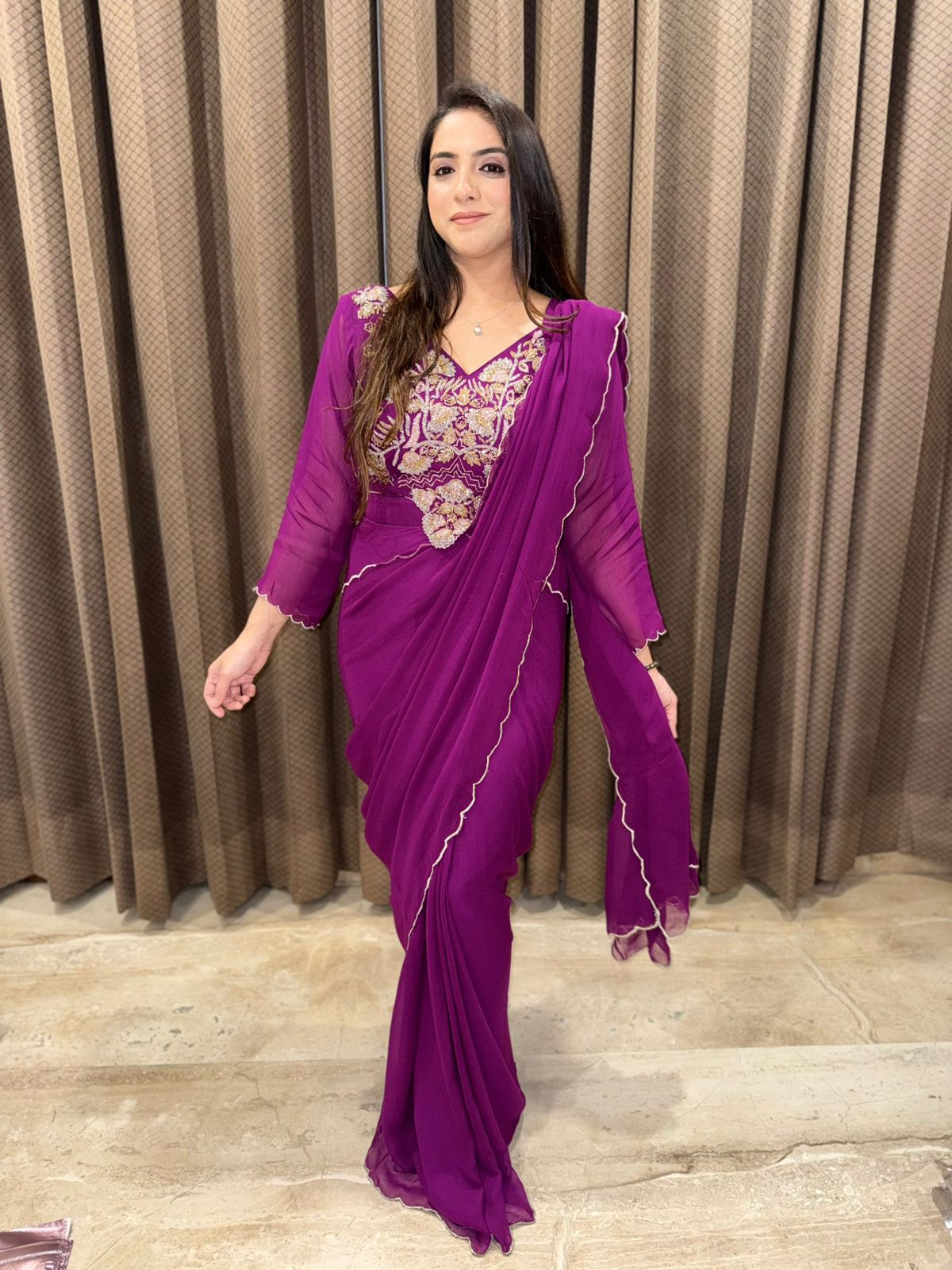 Plum Draped Saree with cutdana handwork blouse