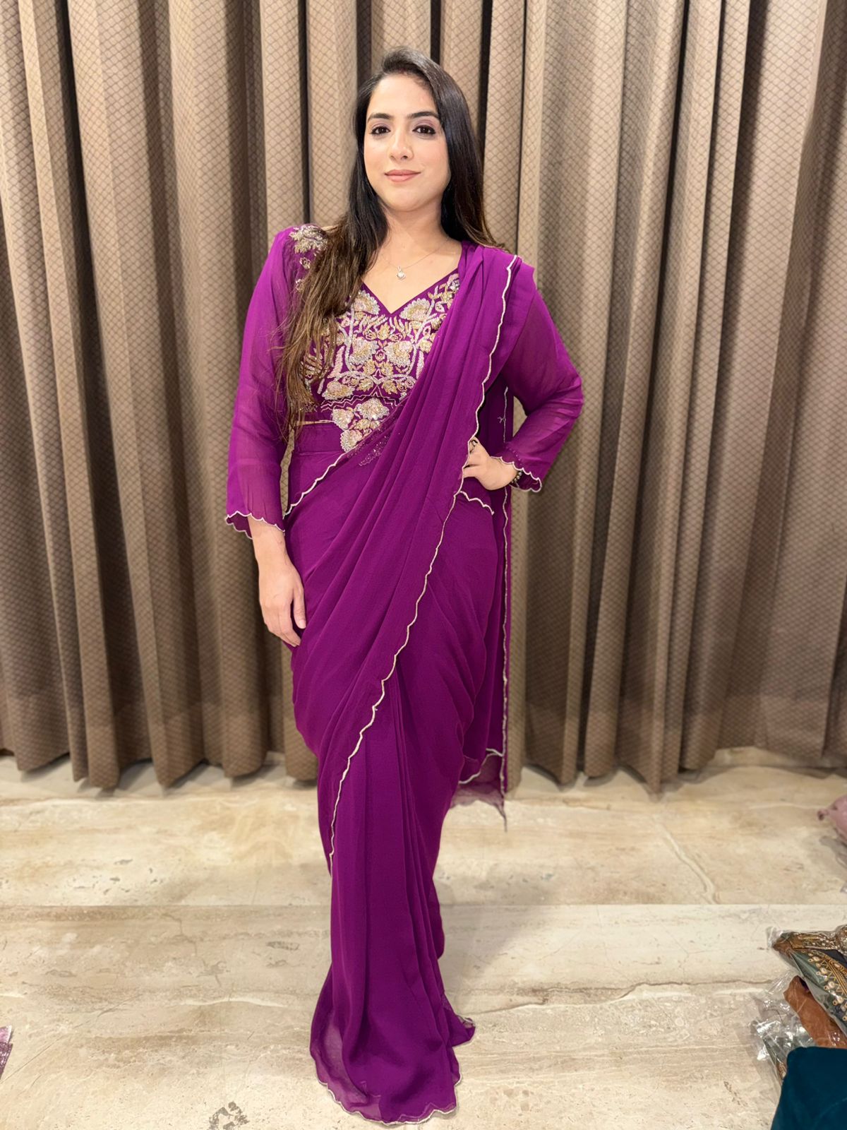 Plum Draped Saree with cutdana handwork blouse