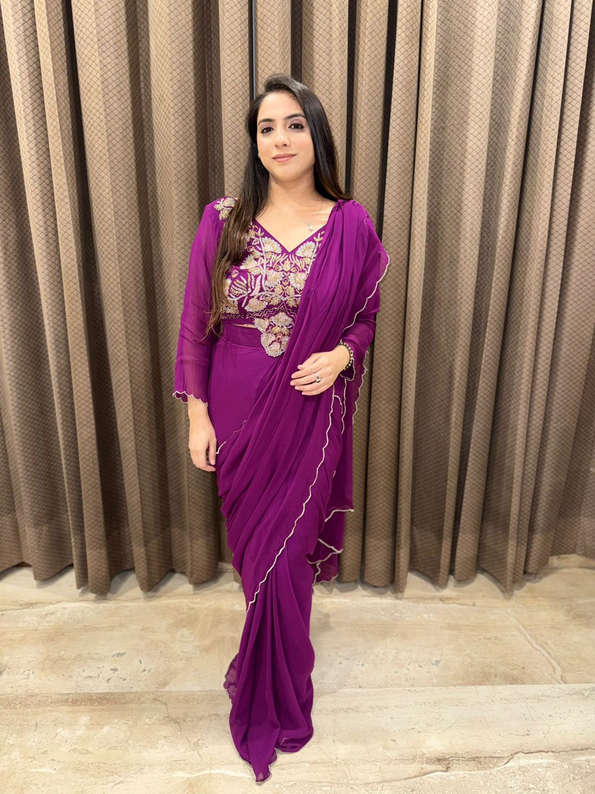 Plum Draped Saree with cutdana handwork blouse