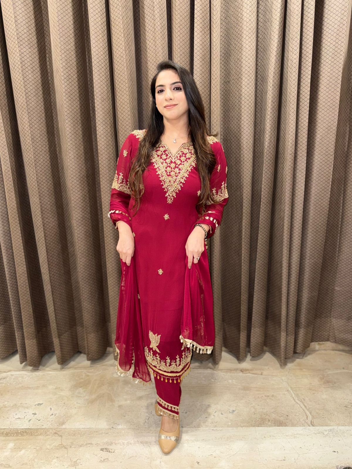 Maroon Designer straight suit with heavy handwork & dupatta