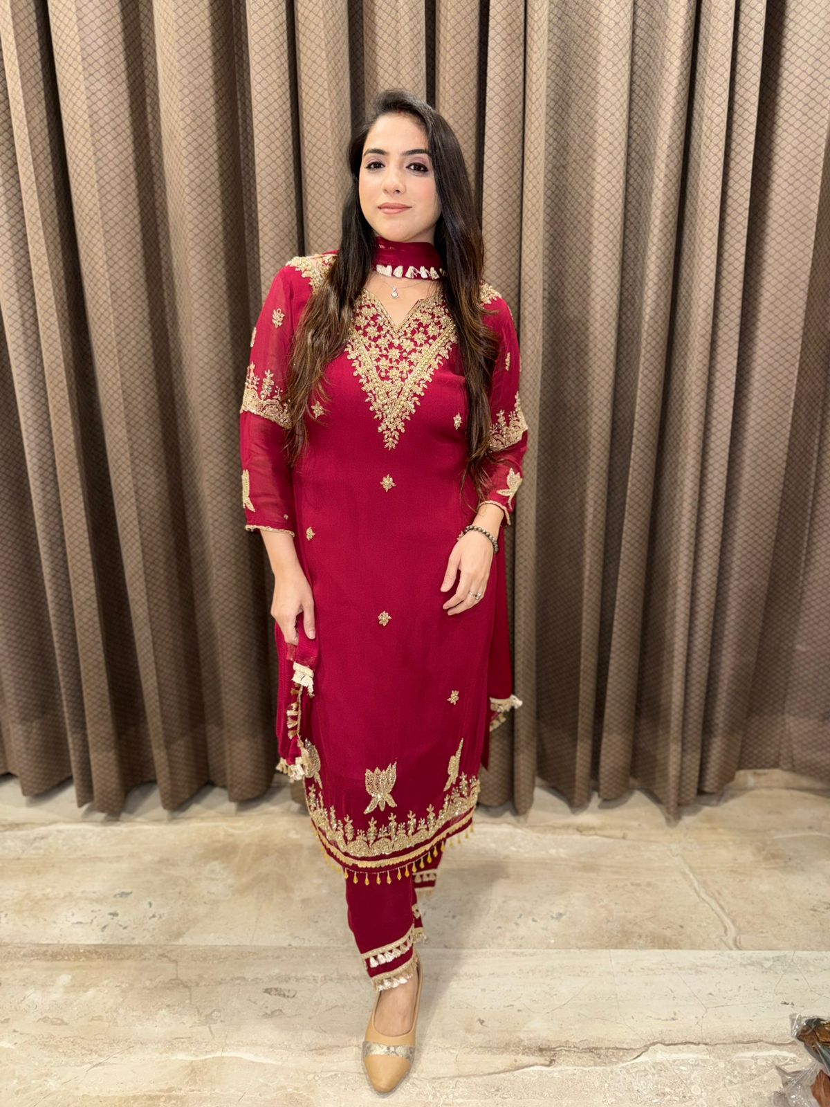 Maroon Designer straight suit with heavy handwork & dupatta