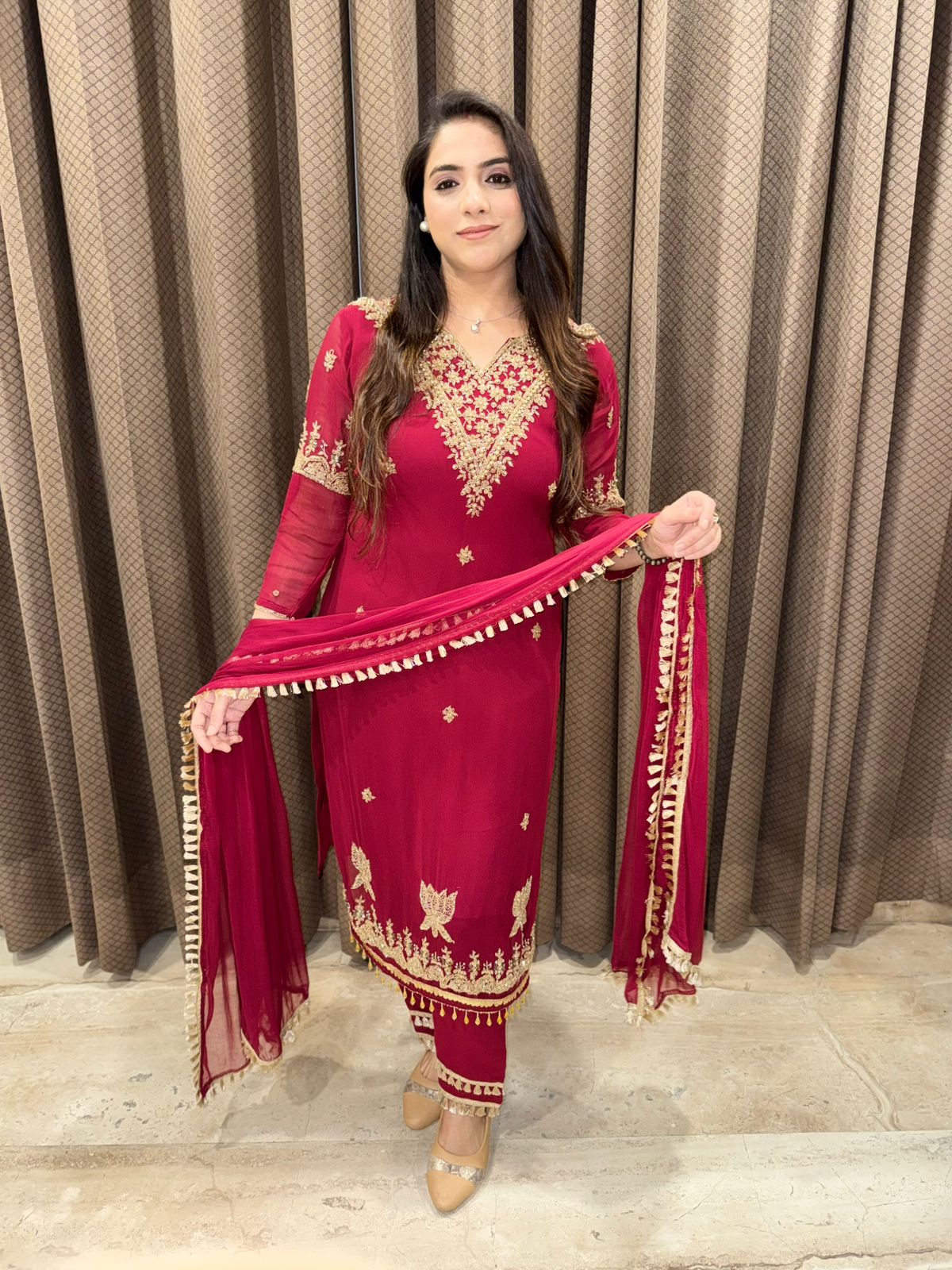 Maroon Designer straight suit with heavy handwork & dupatta