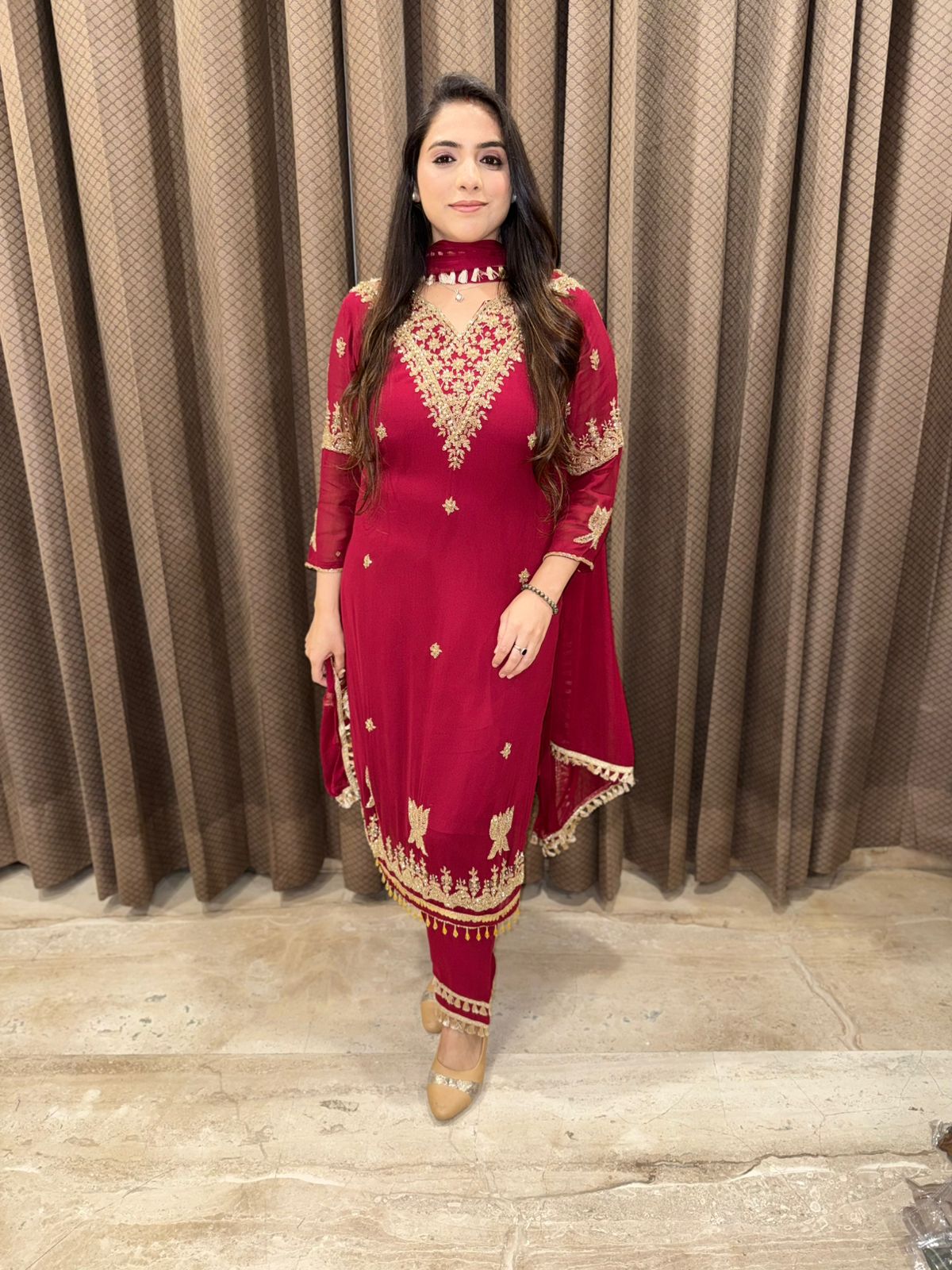 Maroon Designer straight suit with heavy handwork & dupatta