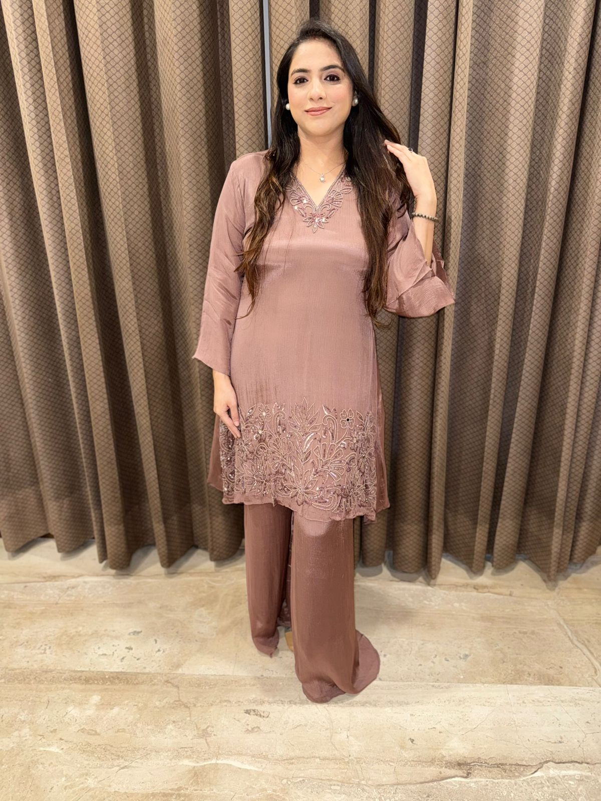 Mauve Designer Co-ord set with monotone handwork
