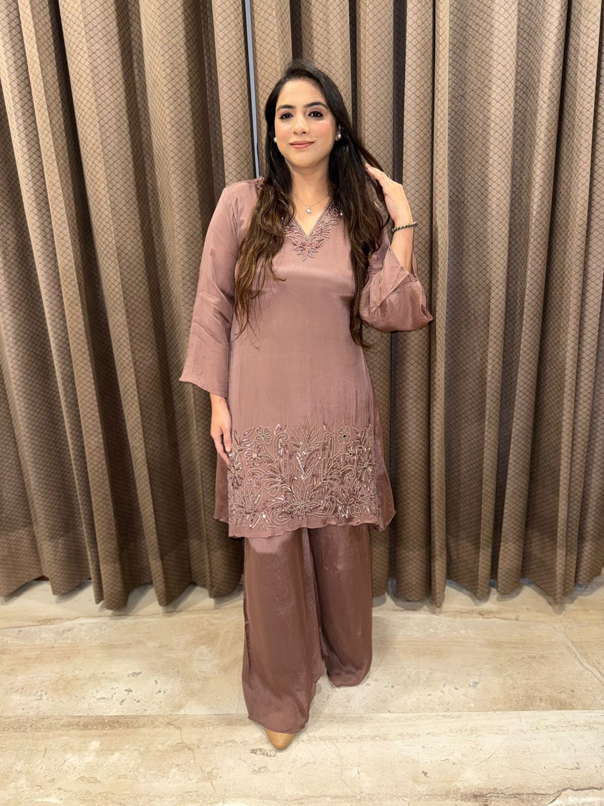 Mauve Designer Co-ord set with monotone handwork