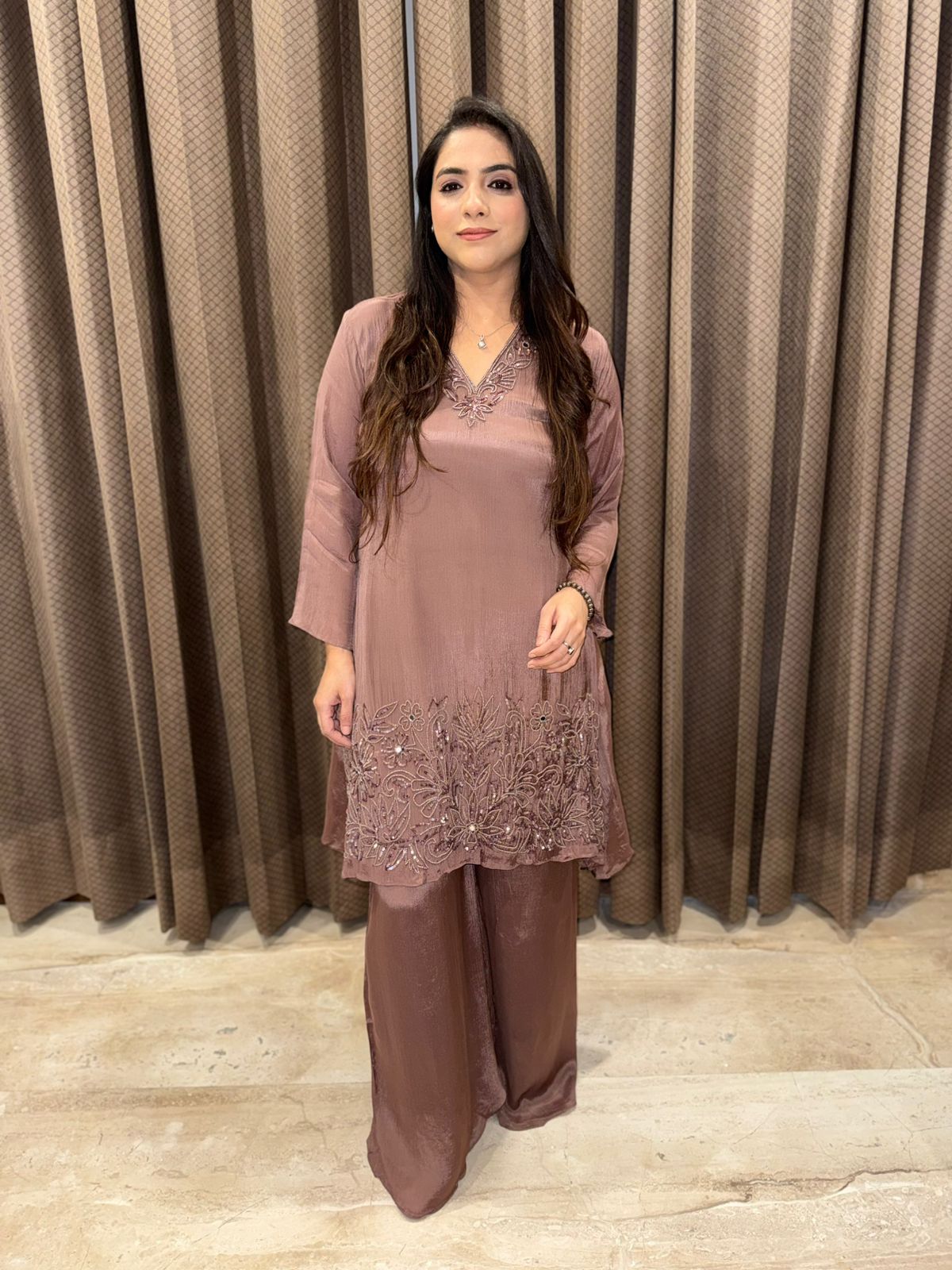 Mauve Designer Co-ord set with monotone handwork