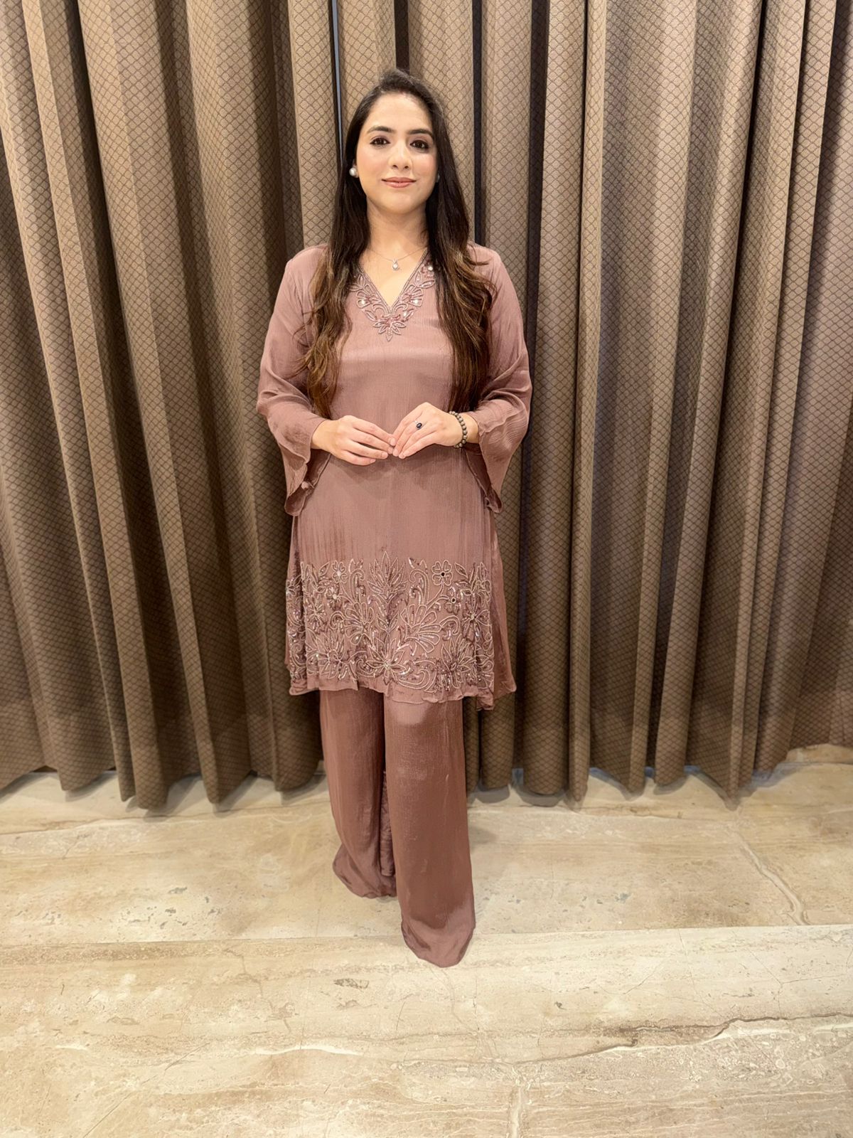 Mauve Designer Co-ord set with monotone handwork