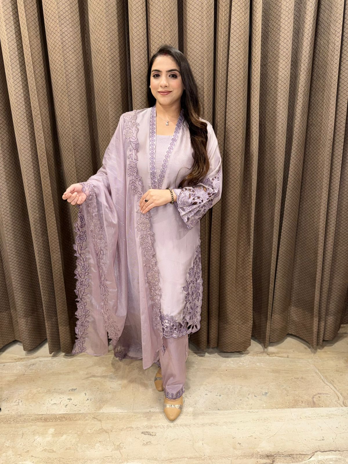 Lilac Designer pakistani Cutwork suit with dupatta & handwork