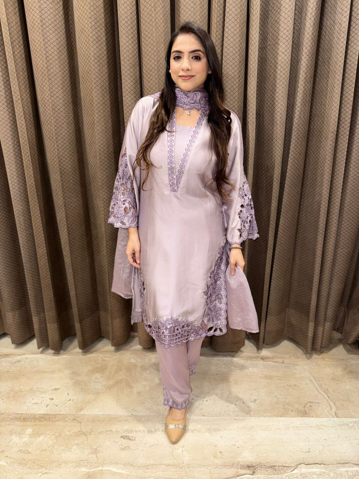 Lilac Designer pakistani Cutwork suit with dupatta & handwork