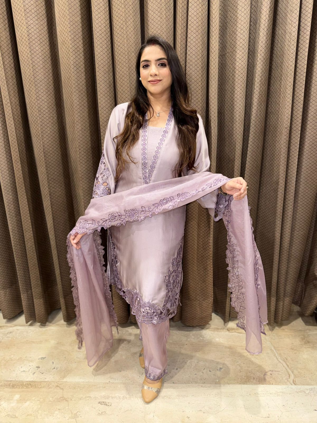 Lilac Designer pakistani Cutwork suit with dupatta & handwork