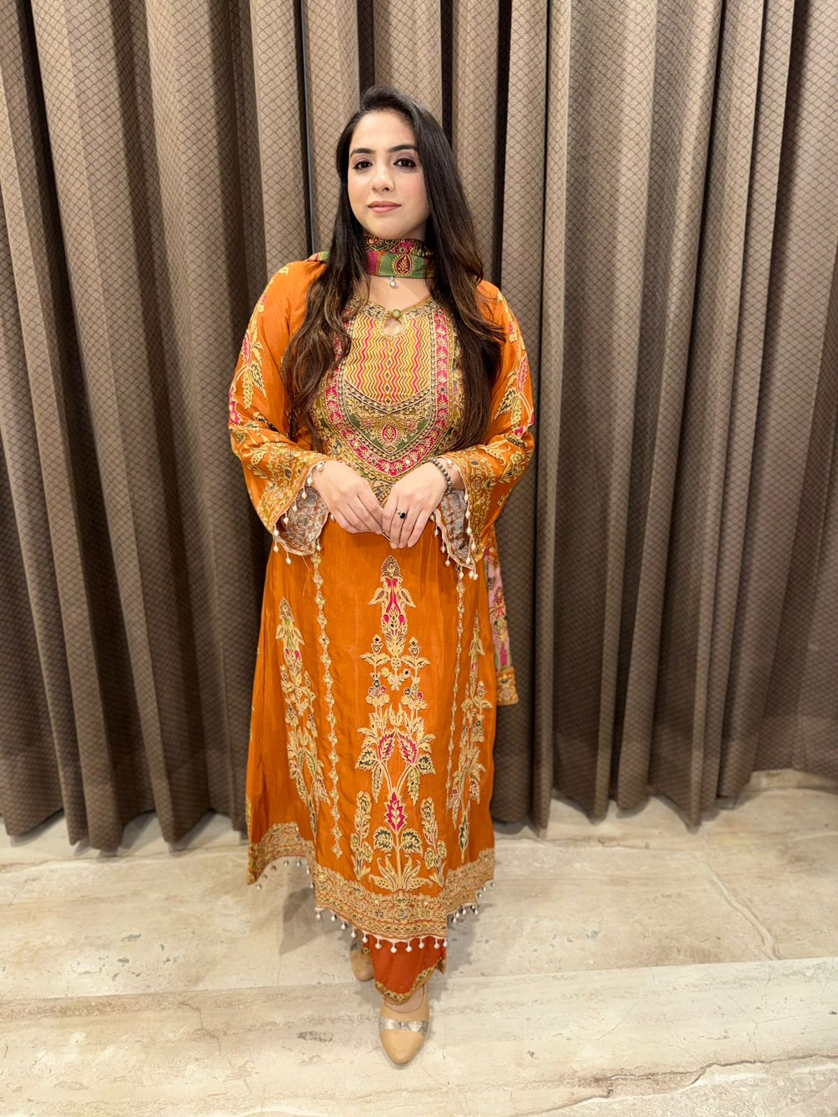 Rust Designer C-Cut Anarkali set with Handwork