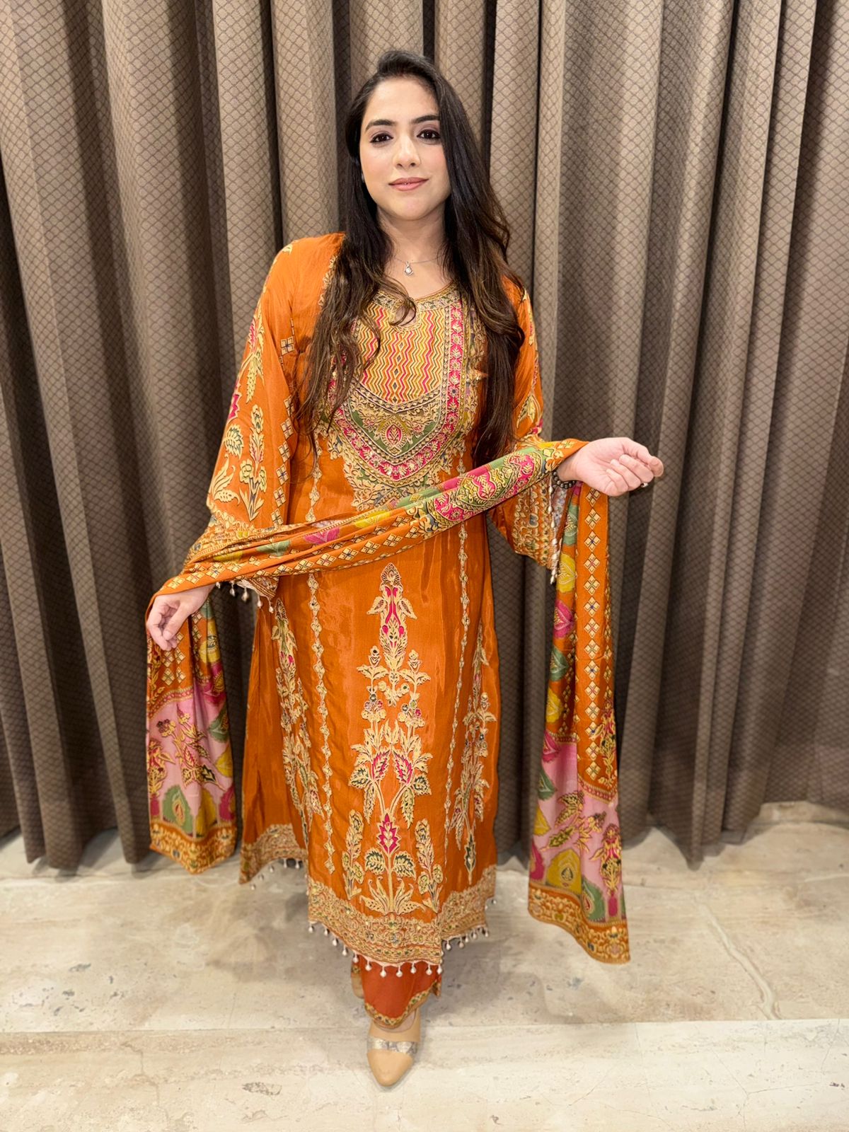 Rust Designer C-Cut Anarkali set with Handwork