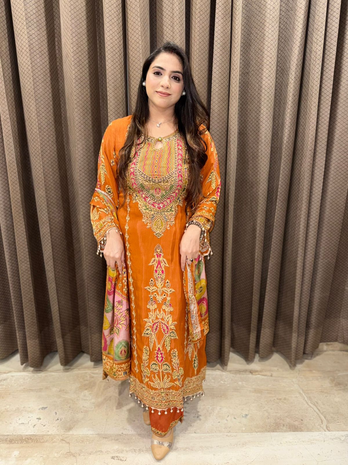Rust Designer C-Cut Anarkali set with Handwork