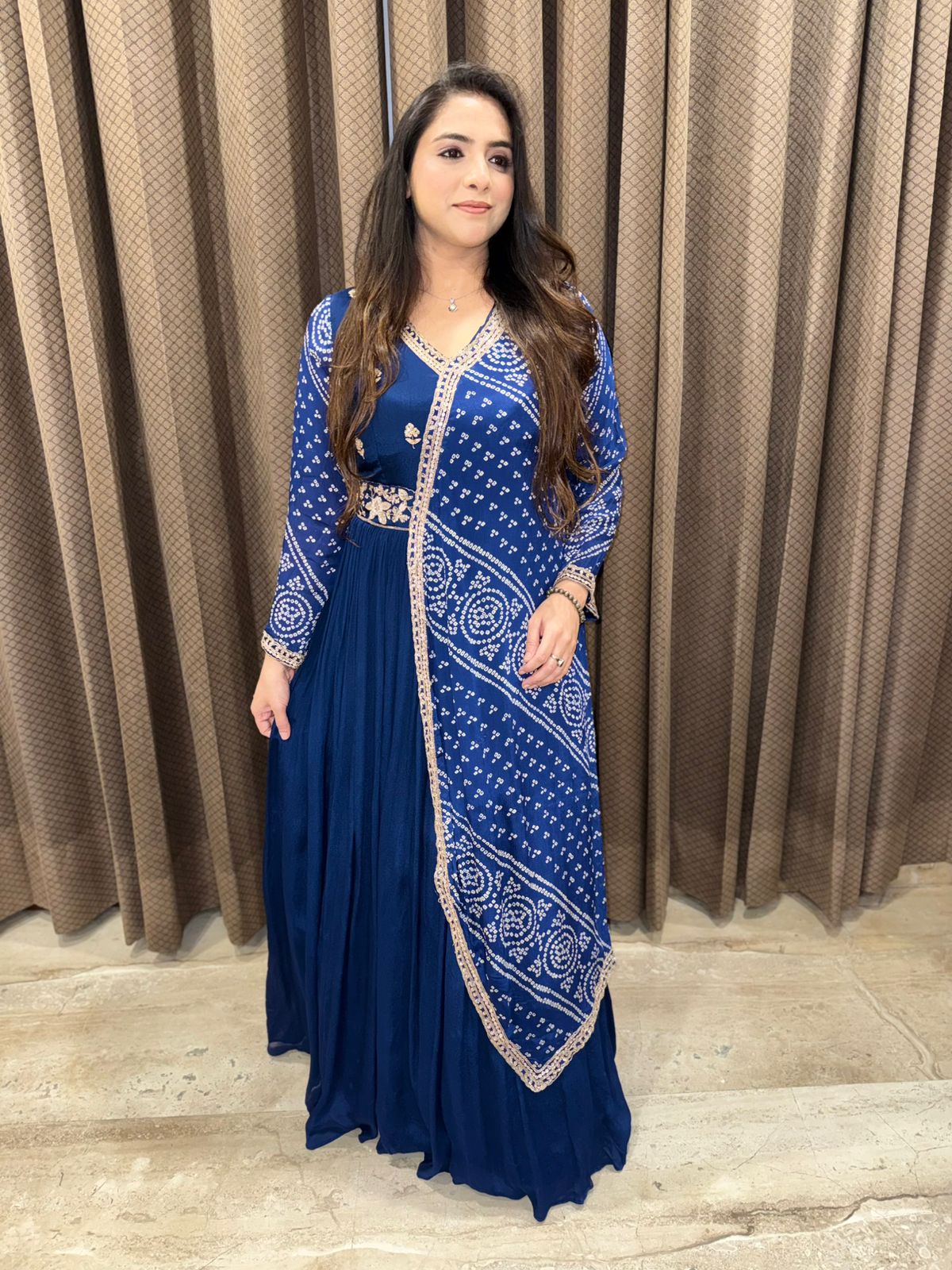 Blue Long Bandhani Dress with designer style & Handwork
