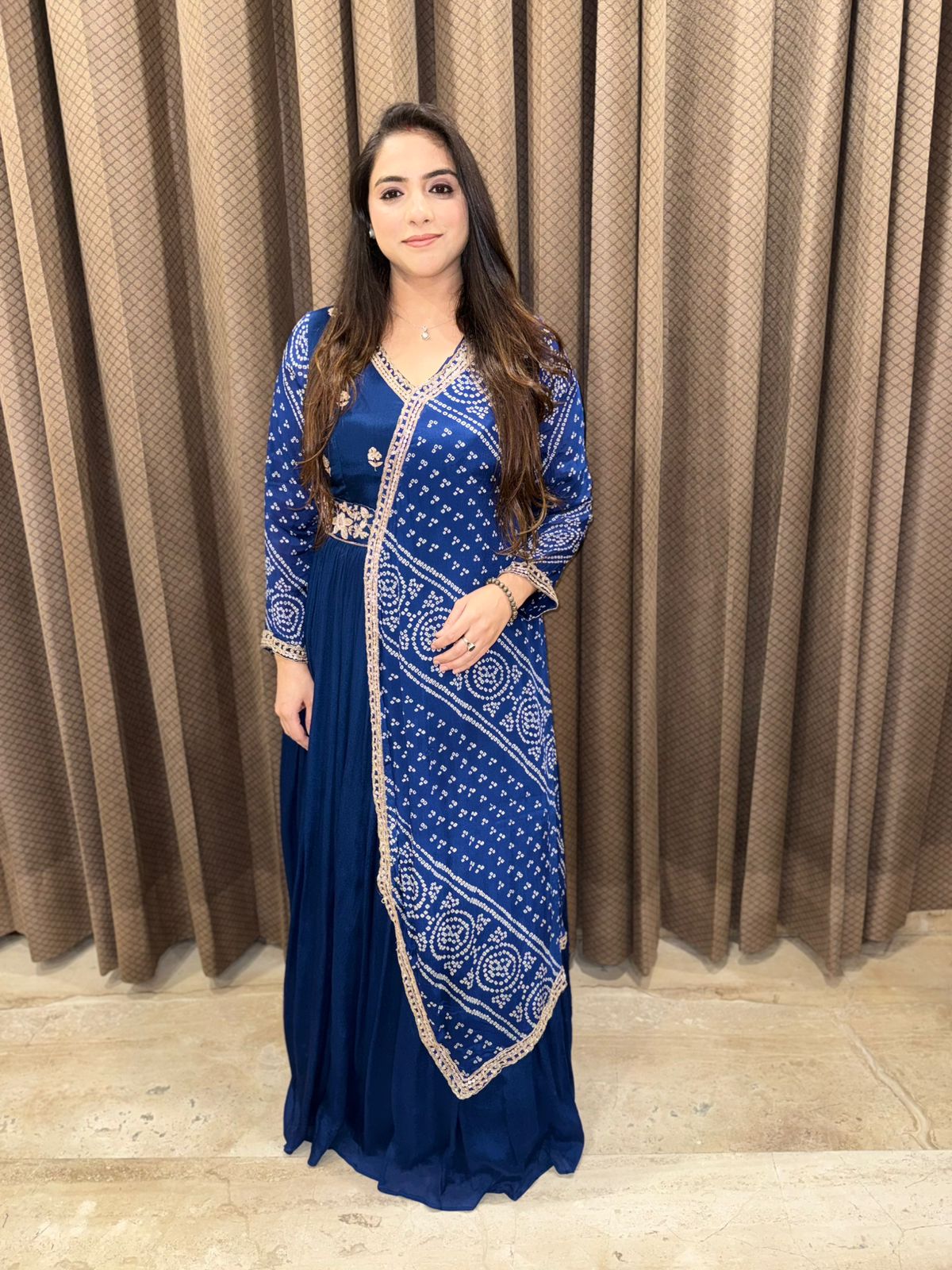 Blue Long Bandhani Dress with designer style & Handwork